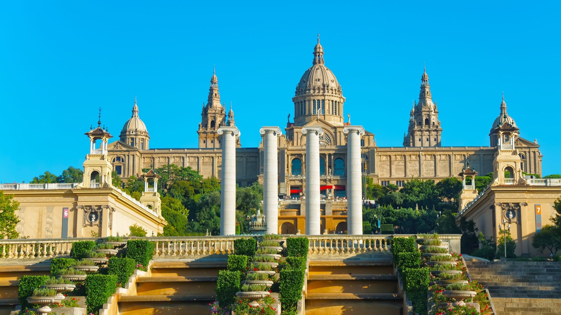 National Palace on the Montjuic hill in Barcelona of Spain. Now it serves as the National Art Museum of Catalonia. It is placed at the foot of Montjuic mountain